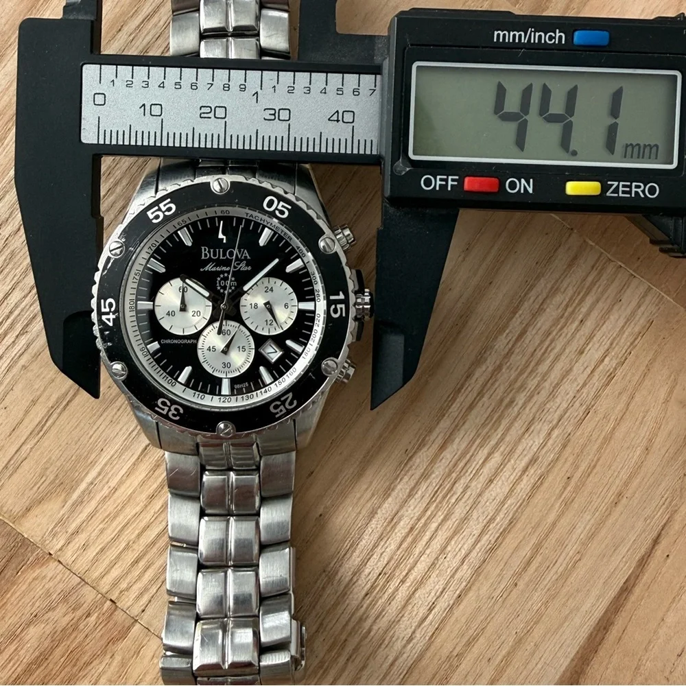 Bulova Marine Star Chronograph Watch Black Silver Dial Stainless Bracelet Date